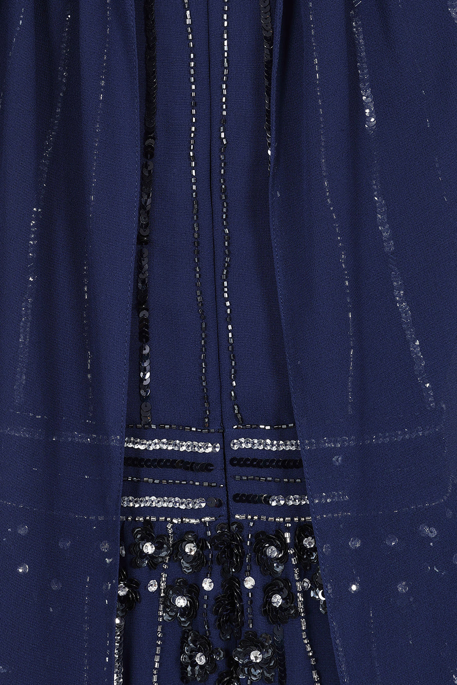 Kaya Navy Embellished Cape Sleeve Maxi Dresses 