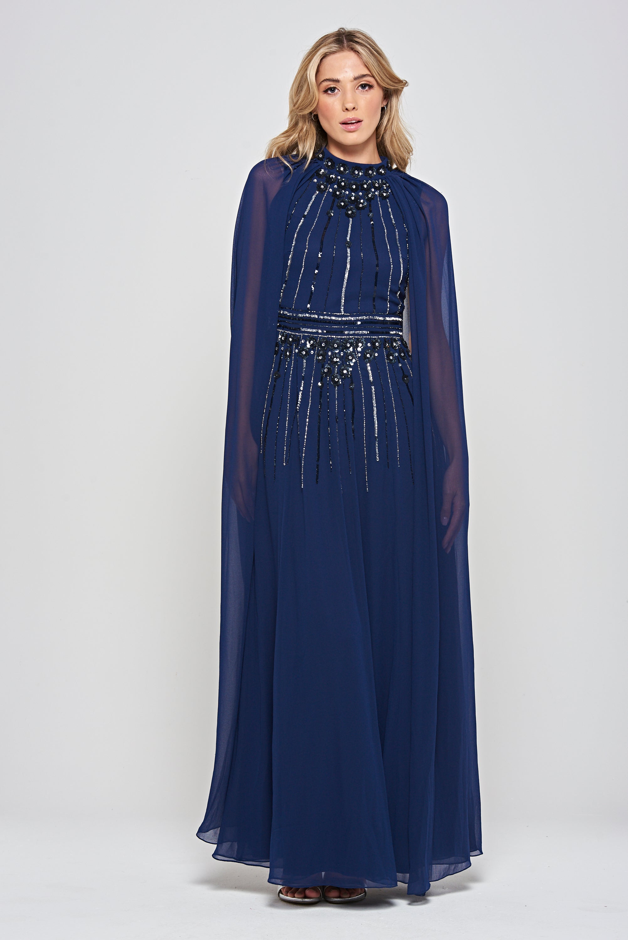 Kaya Navy Embellished Cape Sleeve Maxi Dresses 