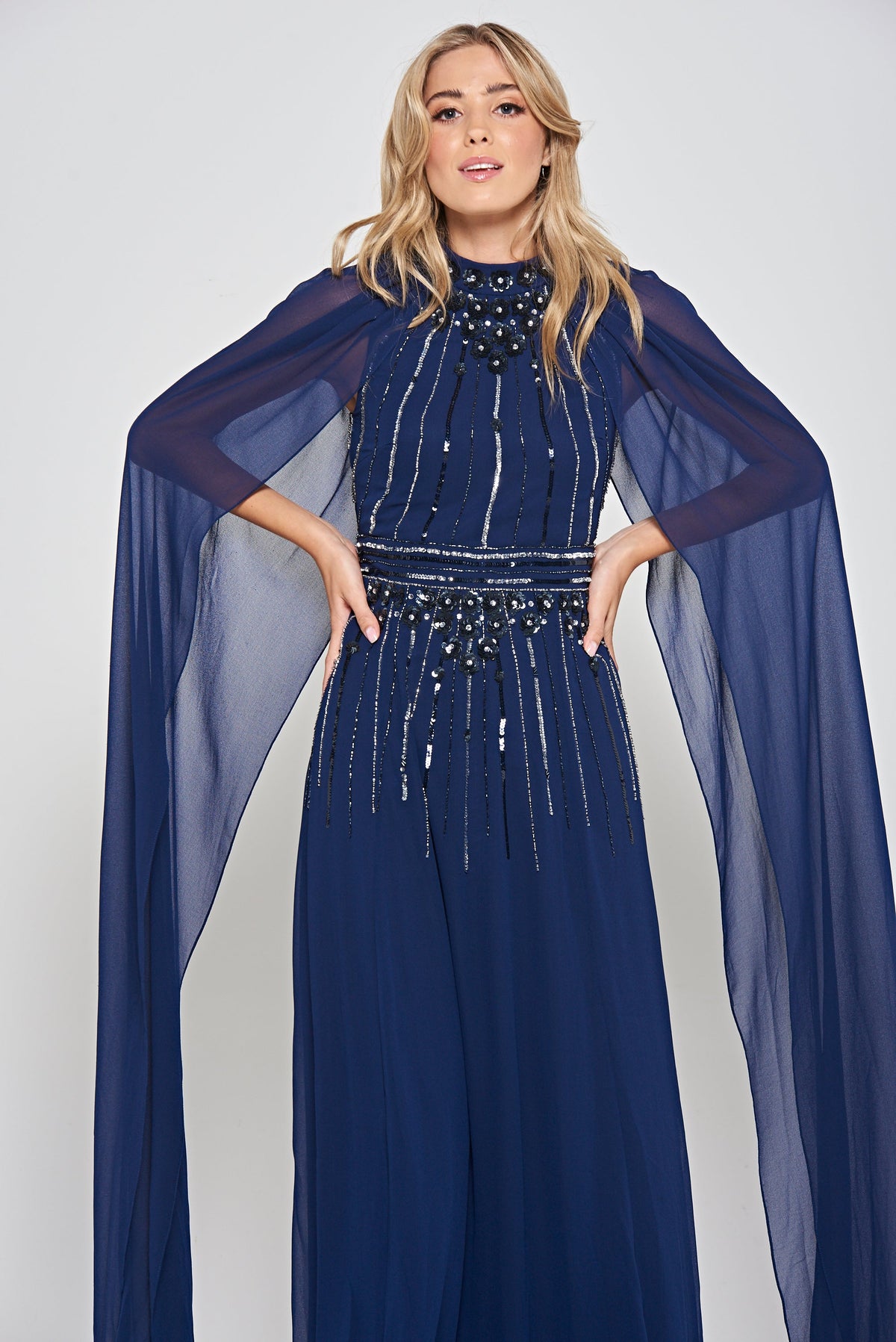 Kaya navy embellished cape sleeve maxi dress by Frock and Frill elegant formal occasionwear dress for weddings and evening events
