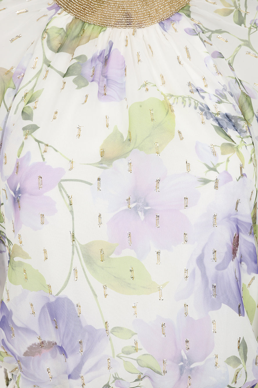 Kelda white floral midi dress with high neckline, flutter sleeves and gold embellished trim