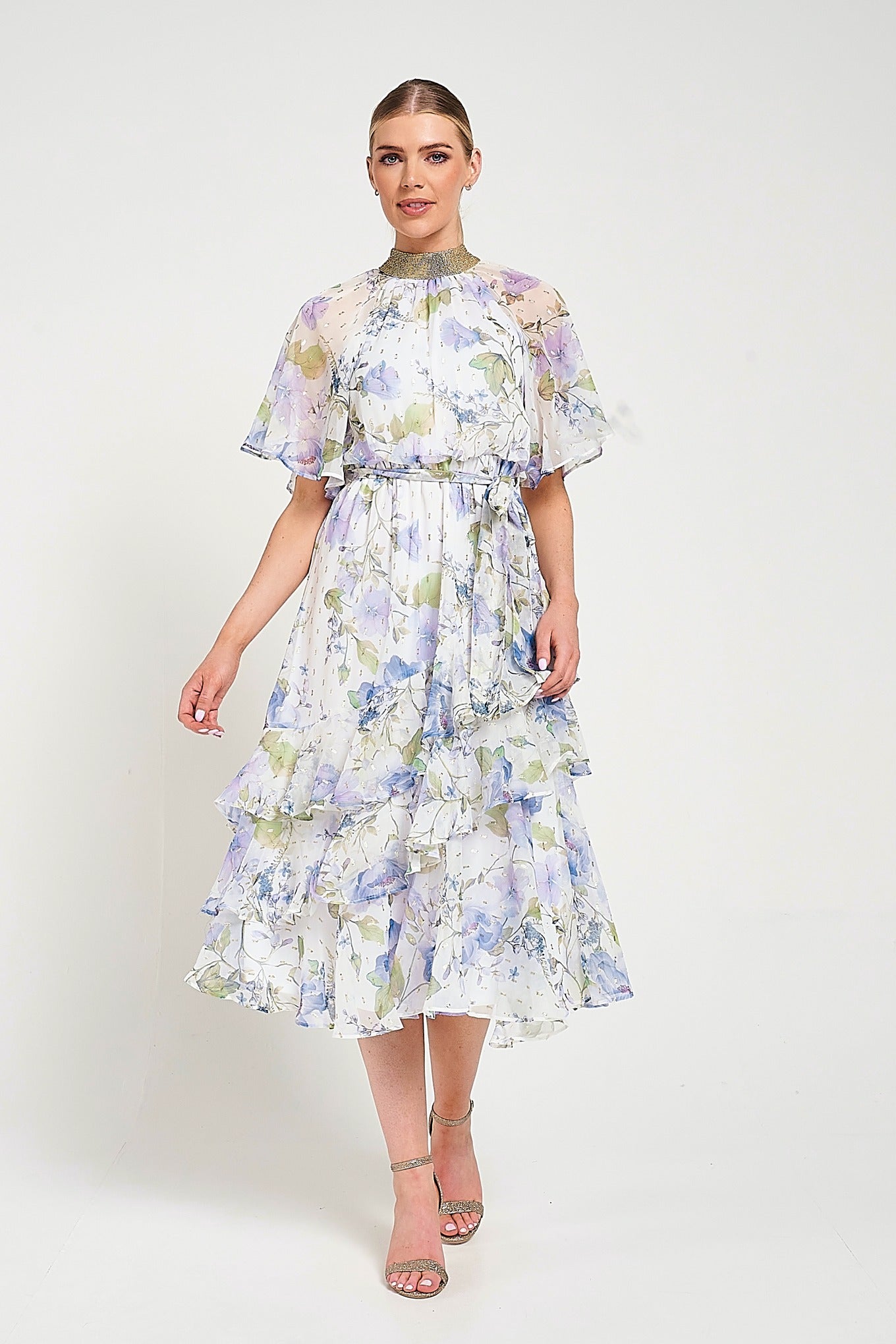 Kelda white floral midi dress with high neckline, flutter sleeves and gold embellished trim