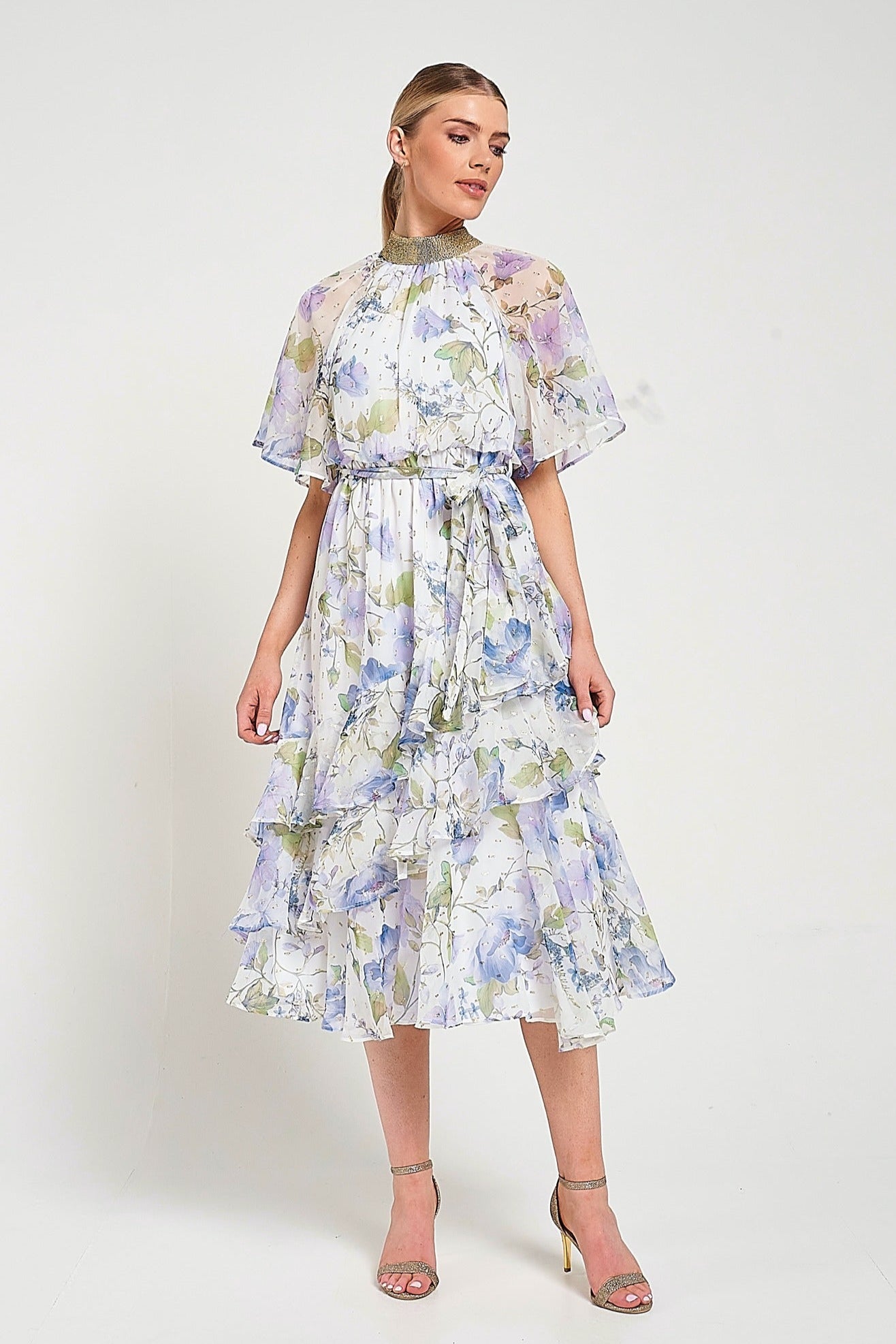 Kelda white floral midi dress with high neckline, flutter sleeves and gold embellished trim