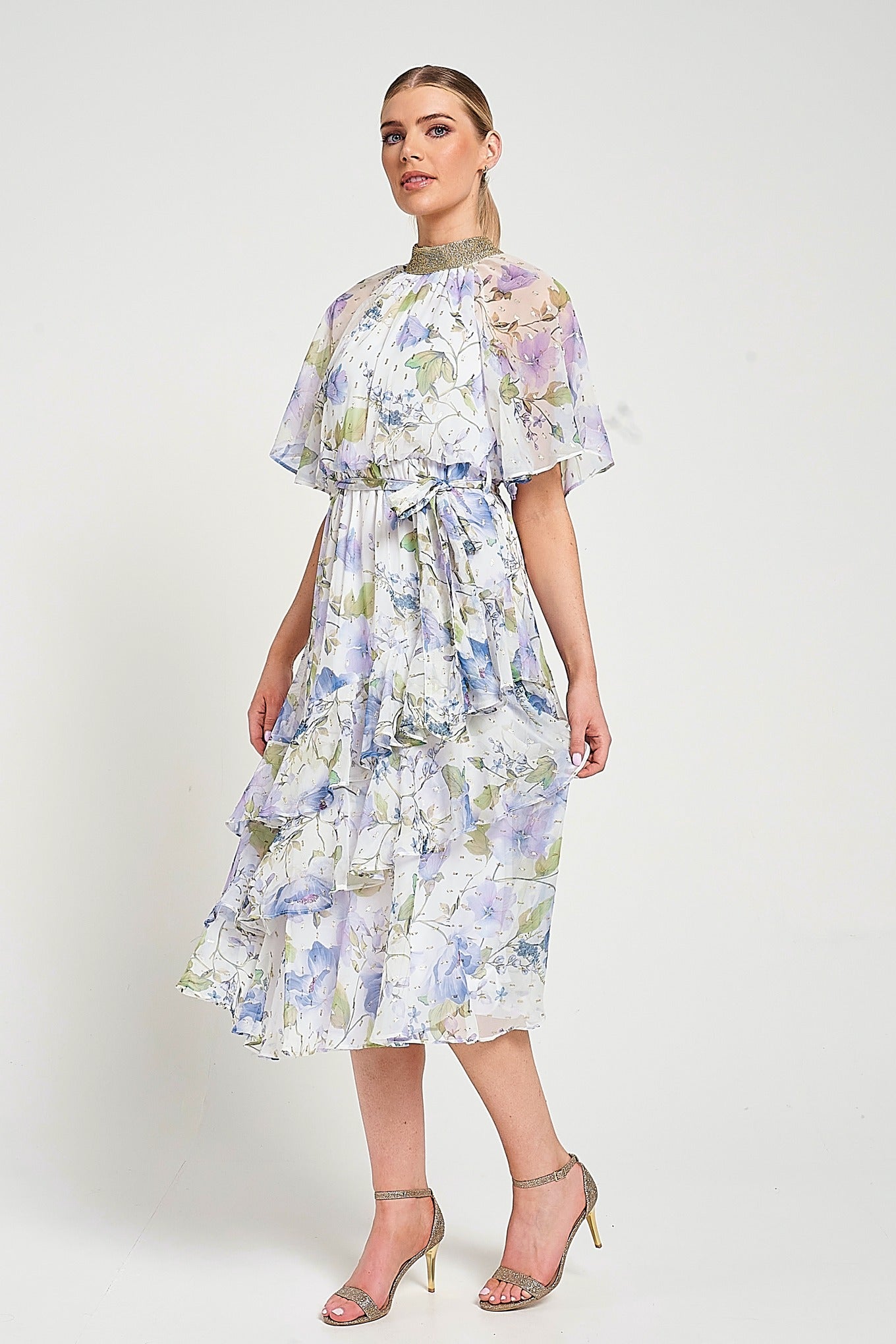 Kelda white floral midi dress with high neckline, flutter sleeves and gold embellished trim