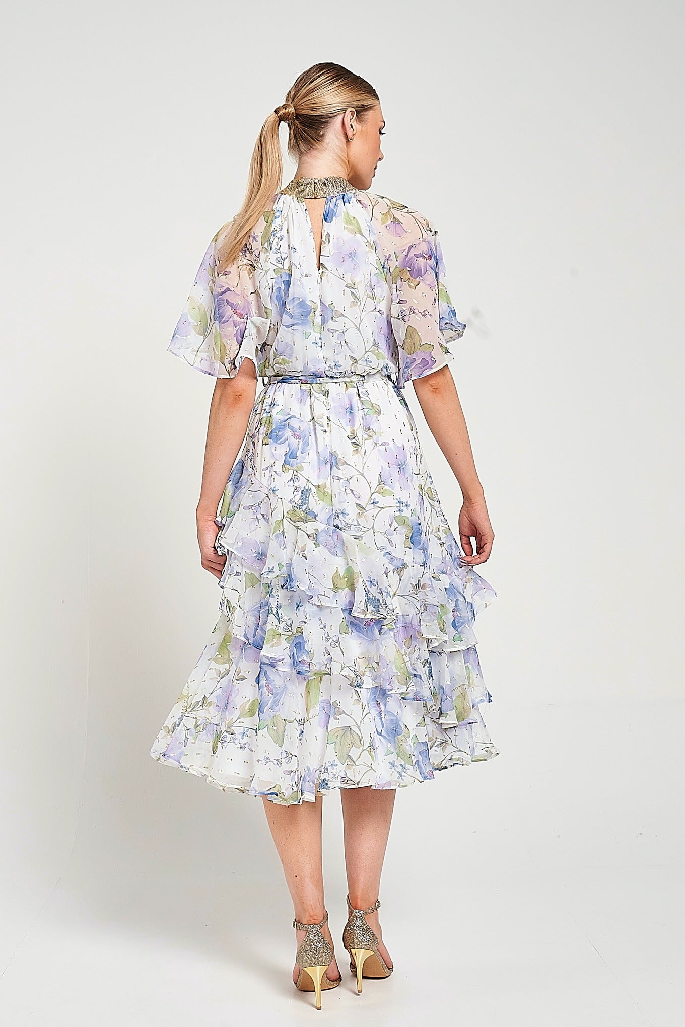 Kelda white floral midi dress with high neckline, flutter sleeves and gold embellished trim