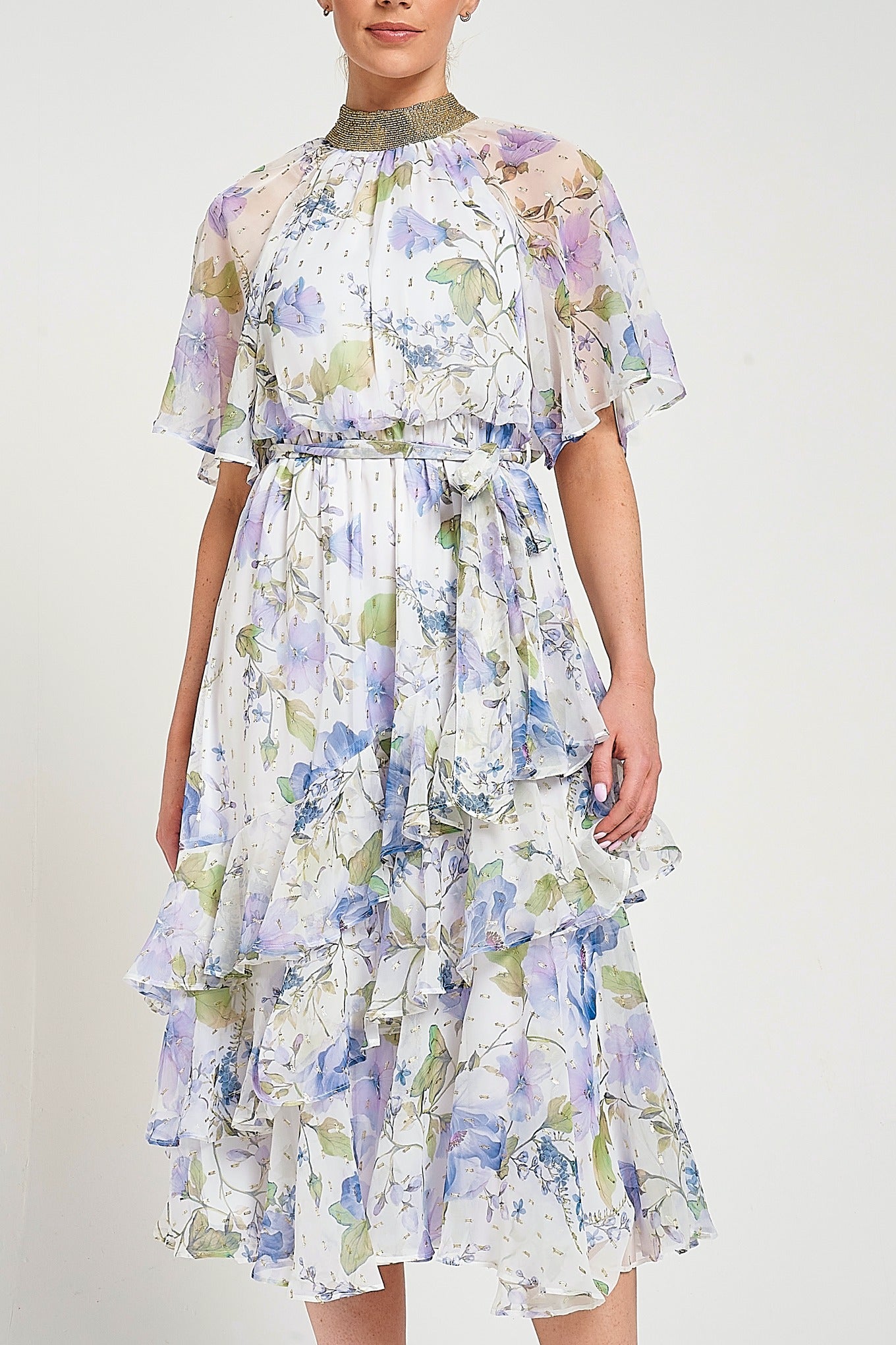 Kelda white floral midi dress with high neckline, flutter sleeves and gold embellished trim