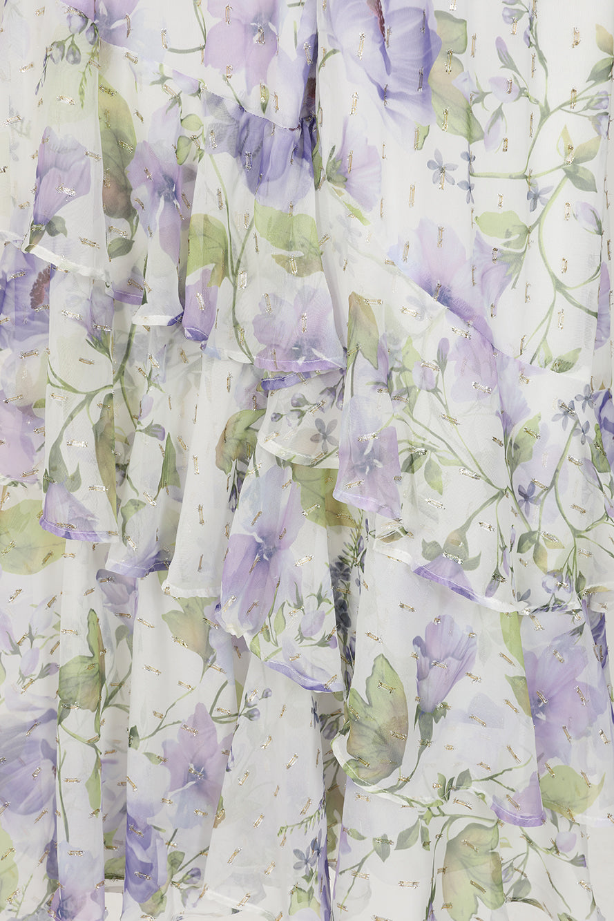 Kelda white floral midi dress with high neckline, flutter sleeves and gold embellished trim