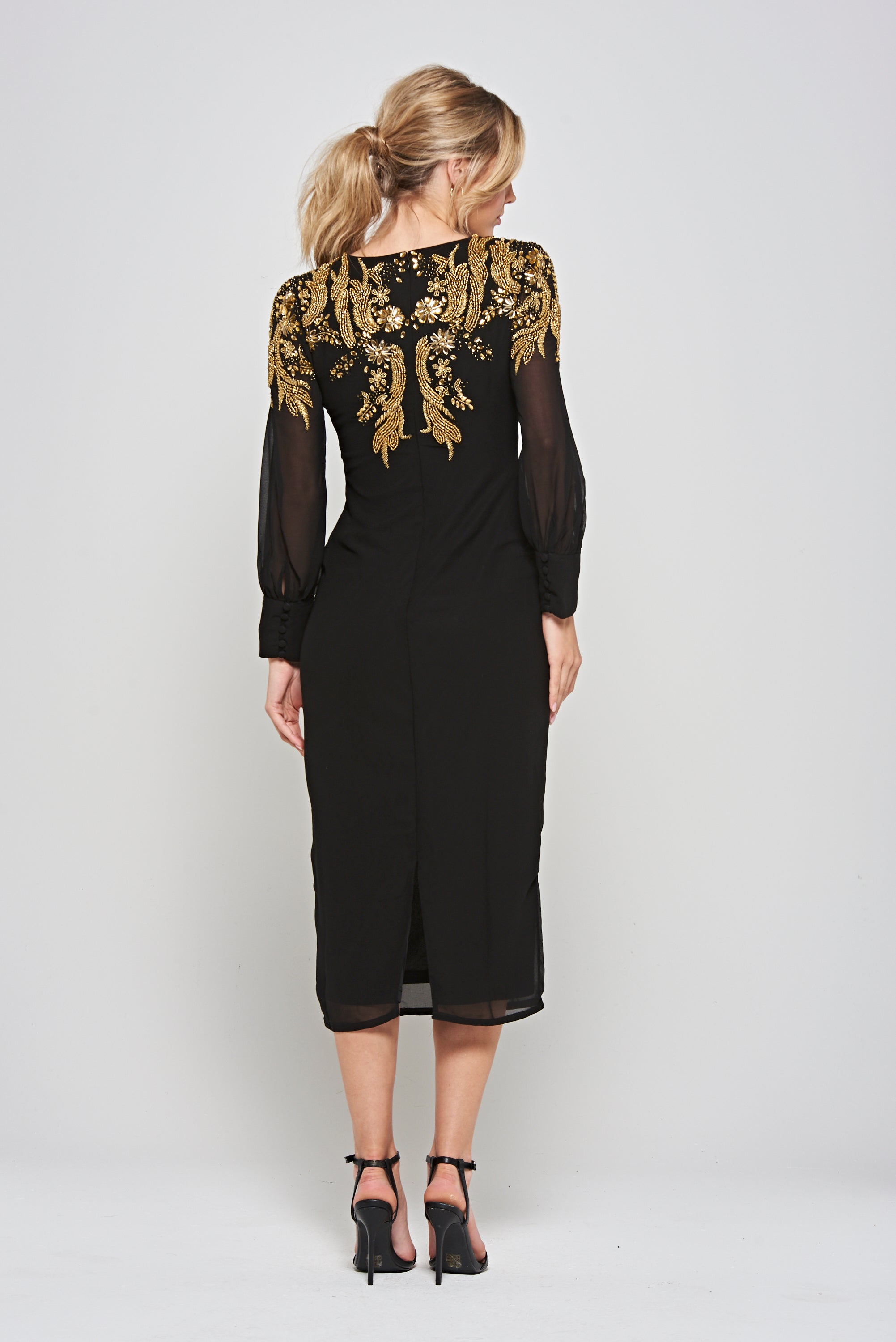 Kiah Black Embellished Midi Dress