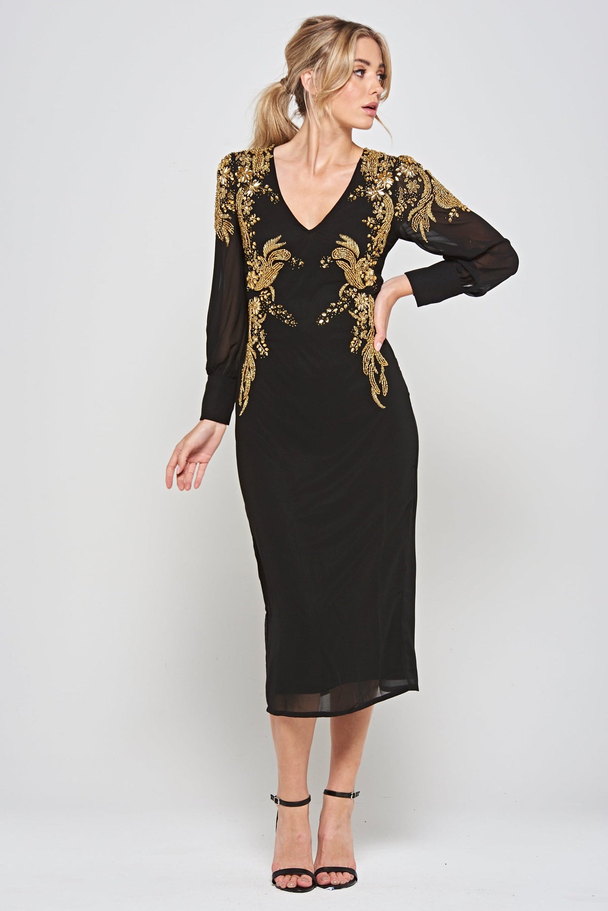 Kiah Black Embellished Midi Dress