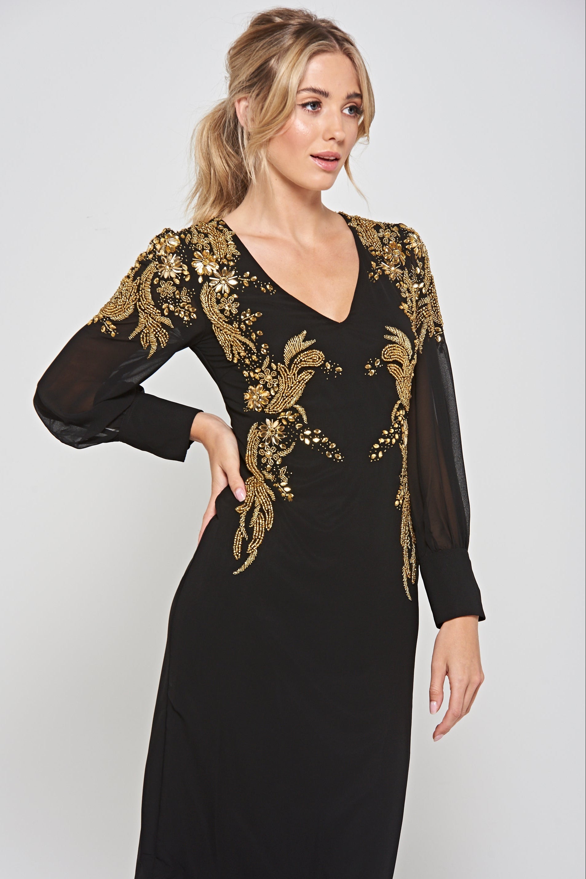 Kiah Black Embellished Midi Dress