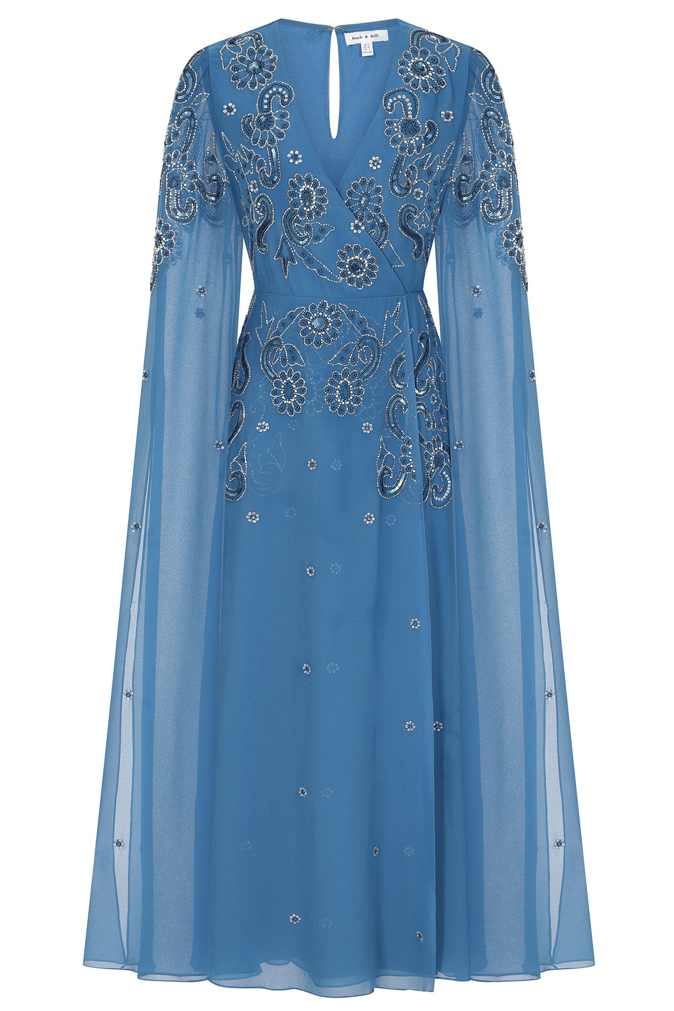 Laelia Blue Embellished Maxi Dress with Cape Sleeves