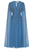 Laelia Blue Embellished Maxi Dress with Cape Sleeves