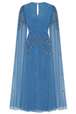 Laelia Blue Embellished Maxi Dress with Cape Sleeves