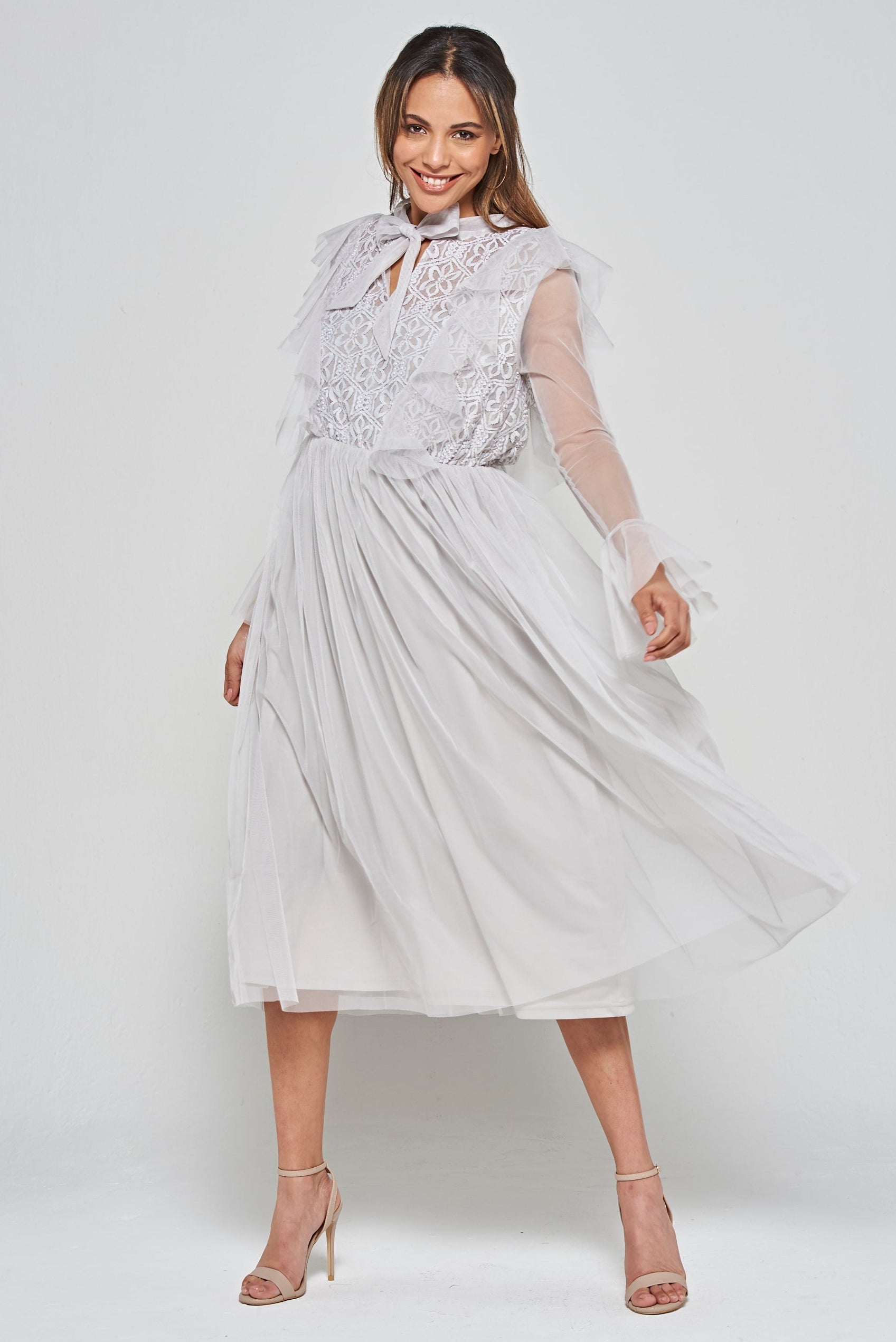  Lark Ruffle and Lace Midi Dress in Grey