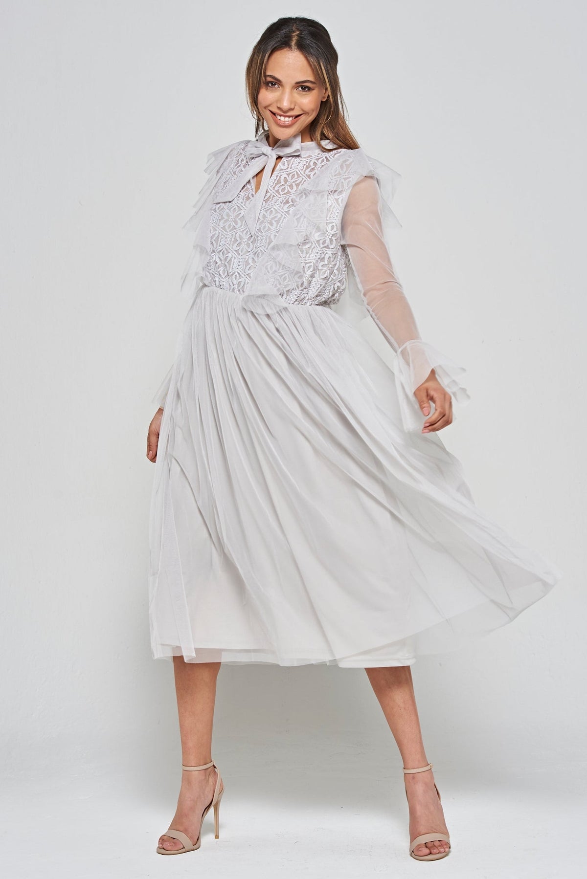  Lark Ruffle and Lace Midi Dress in Grey