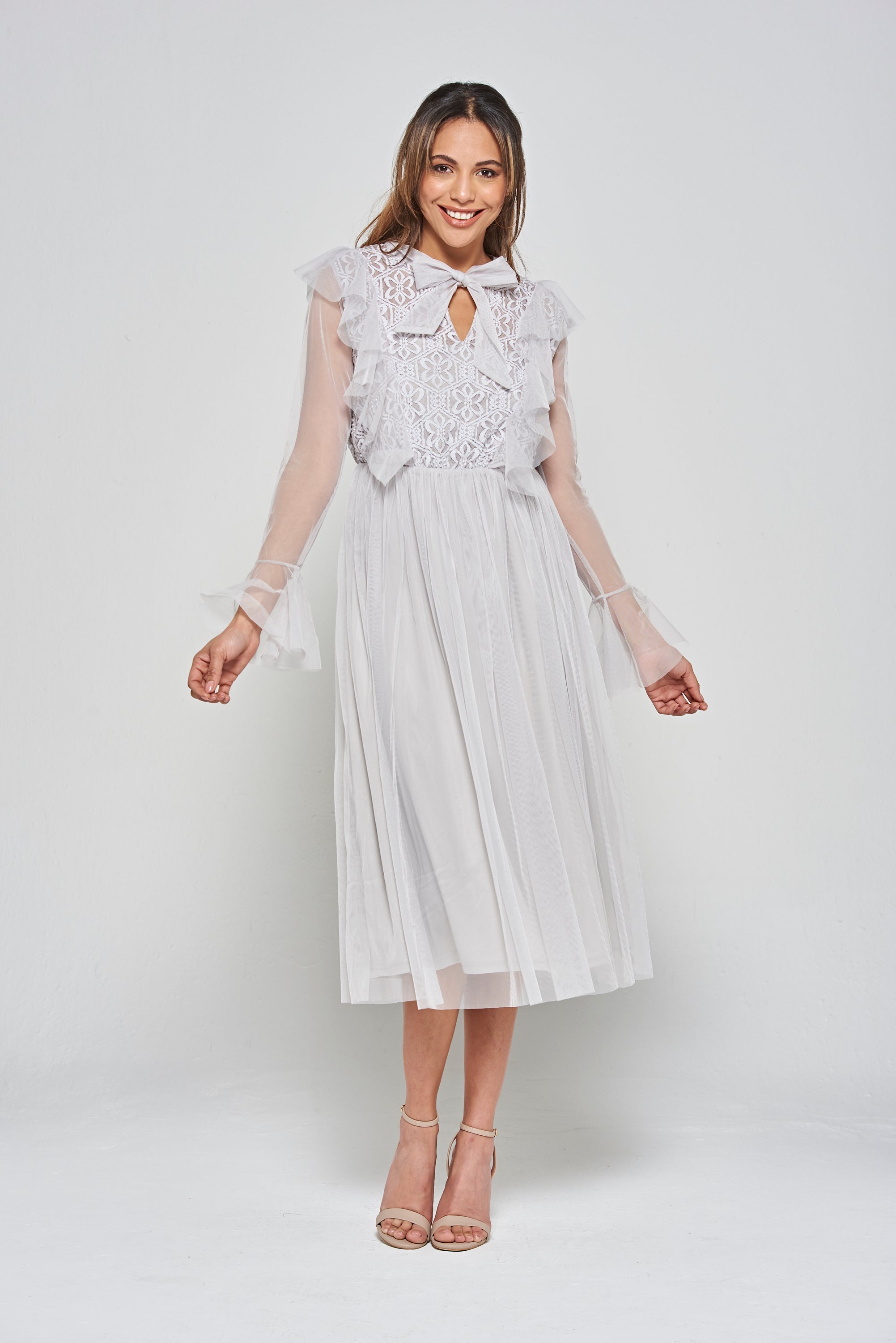  Lark Ruffle and Lace Midi Dress in Grey