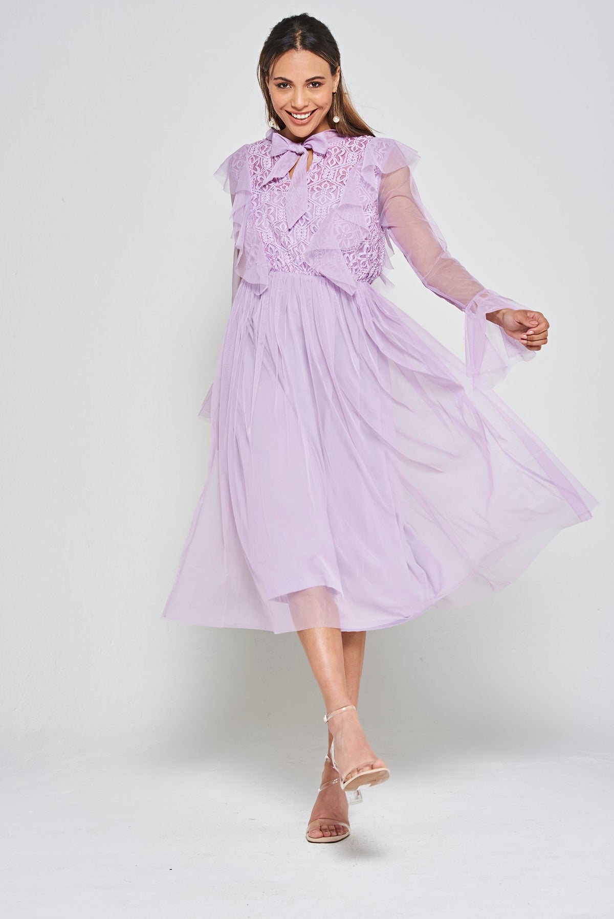 Lark Ruffle and Lace Midi Dress in Lilac