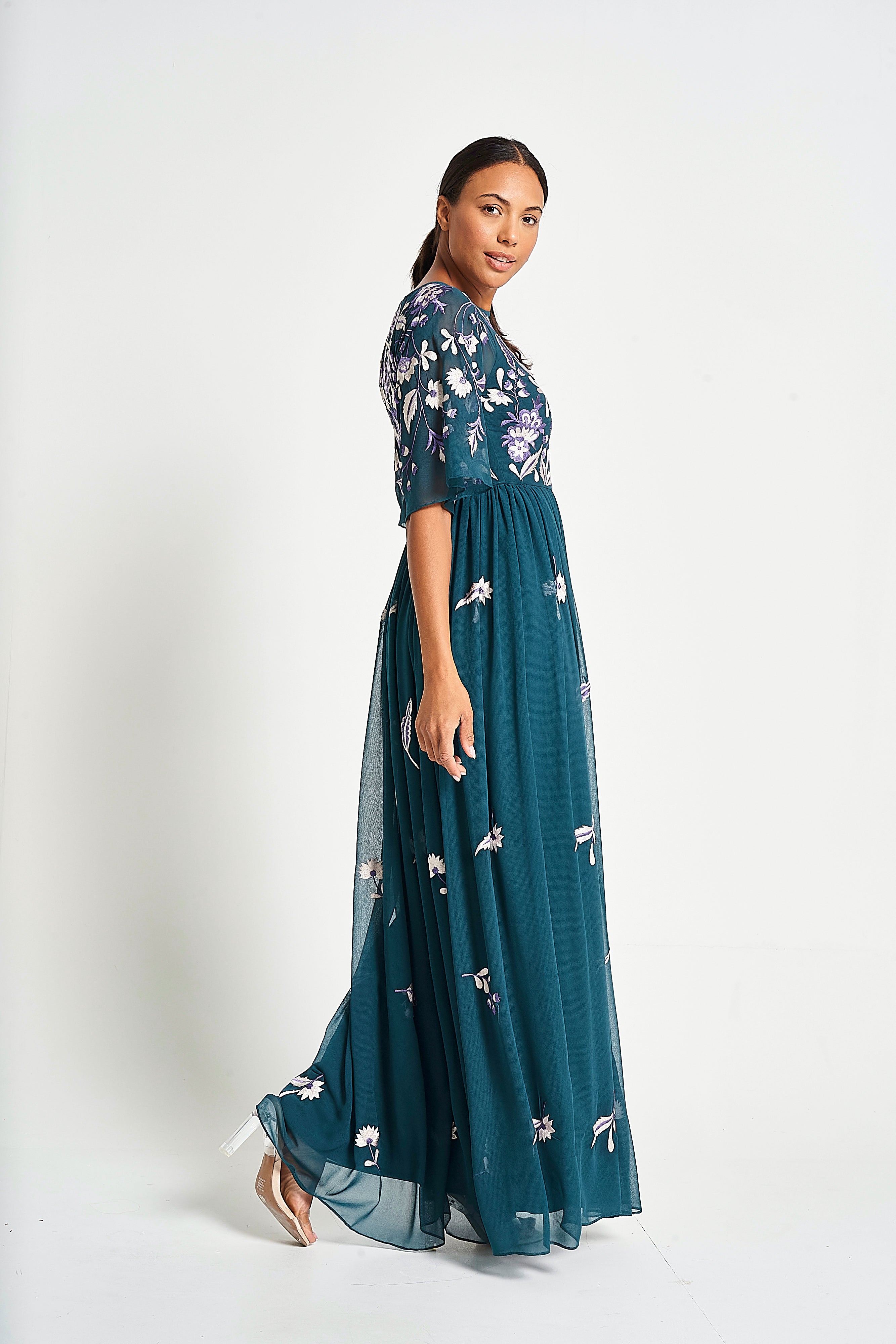 Laurel Teal Floral Embroidered Maxi Dress