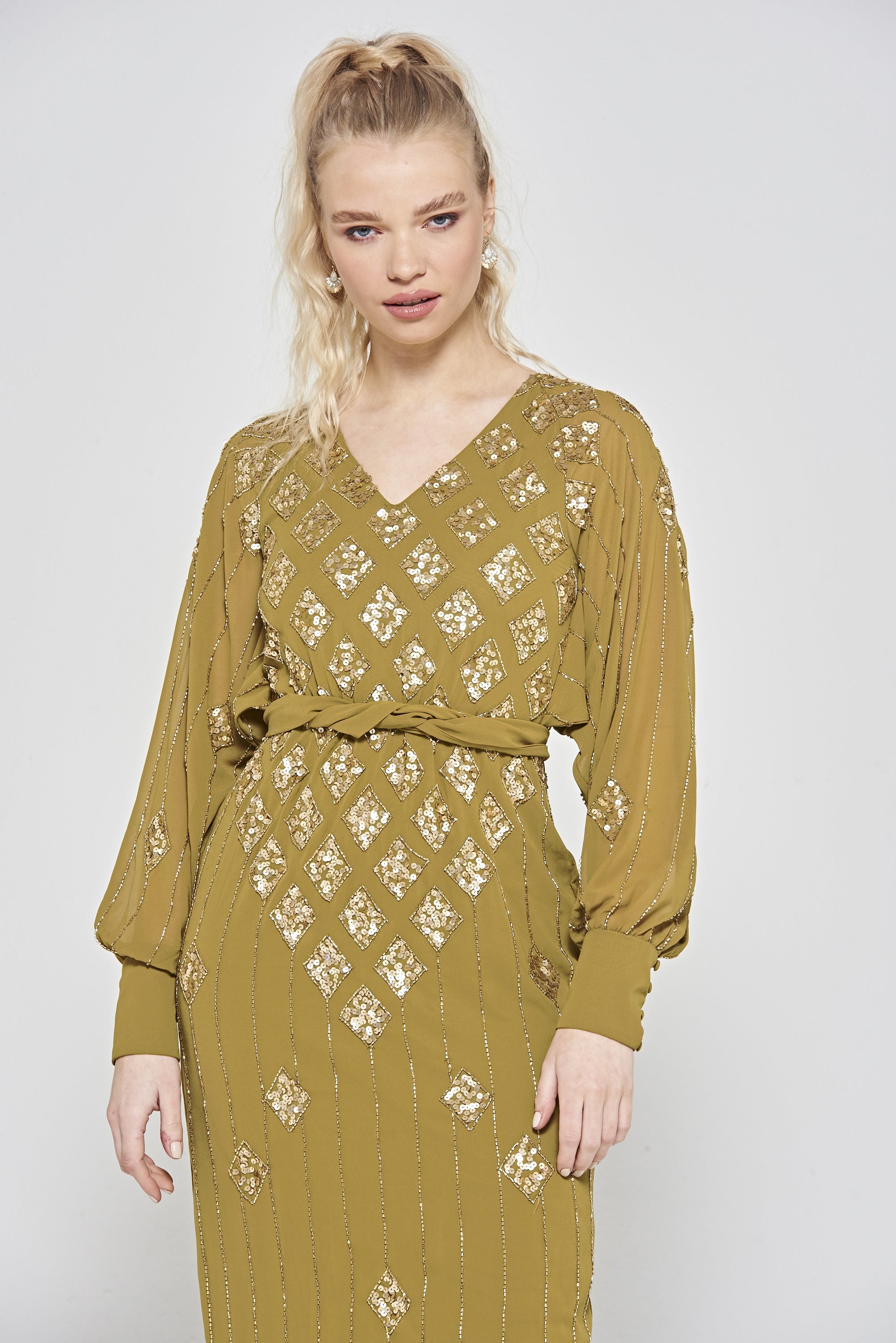 Laurie Sequin Midi Dress in Willow Green