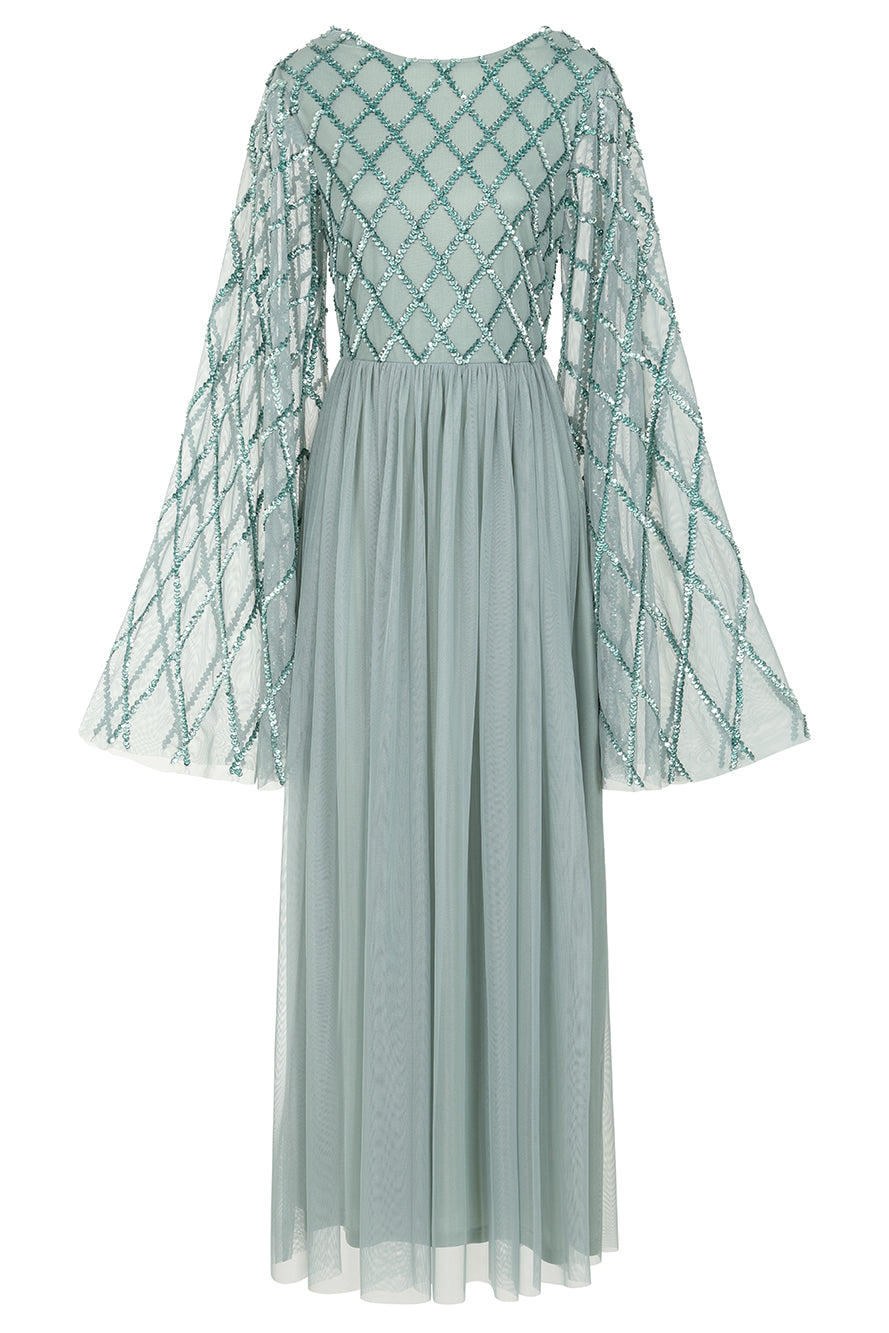 Lavina sage sequin maxi dress with criss-cross bodice detailing, flute sleeves and flowing silhouette designed for elegant occasion wear styling
