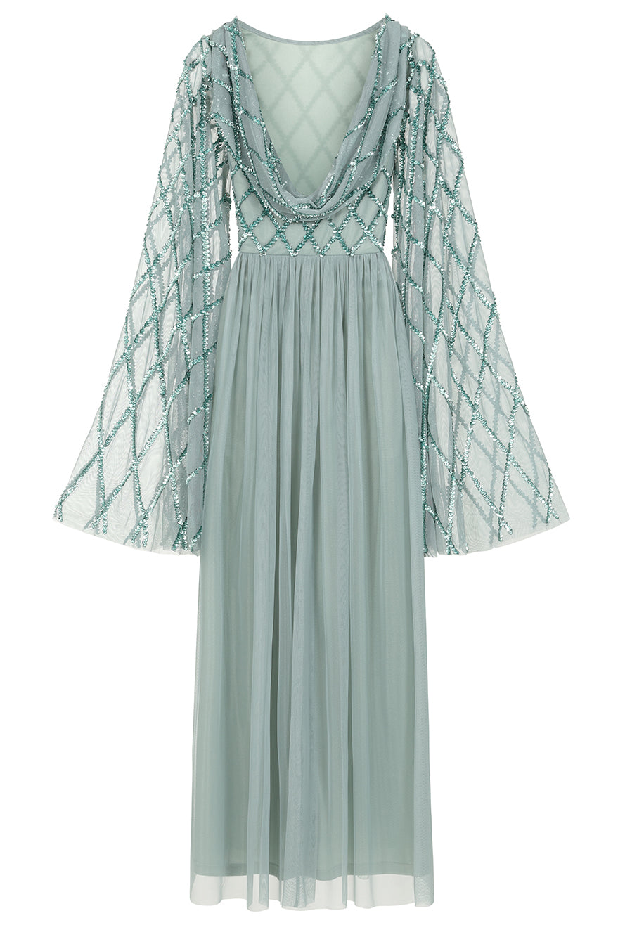 Lavina sage sequin maxi dress with criss-cross bodice detailing, flute sleeves and flowing silhouette designed for elegant occasion wear styling