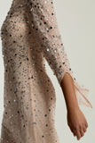 Leah blush sequin midi dress with high neckline, three-quarter sleeves and all-over sparkle designed for elegant evening and occasion wear styling
