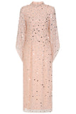 Leah blush sequin midi dress with high neckline, three-quarter sleeves and all-over sparkle designed for elegant evening and occasion wear styling