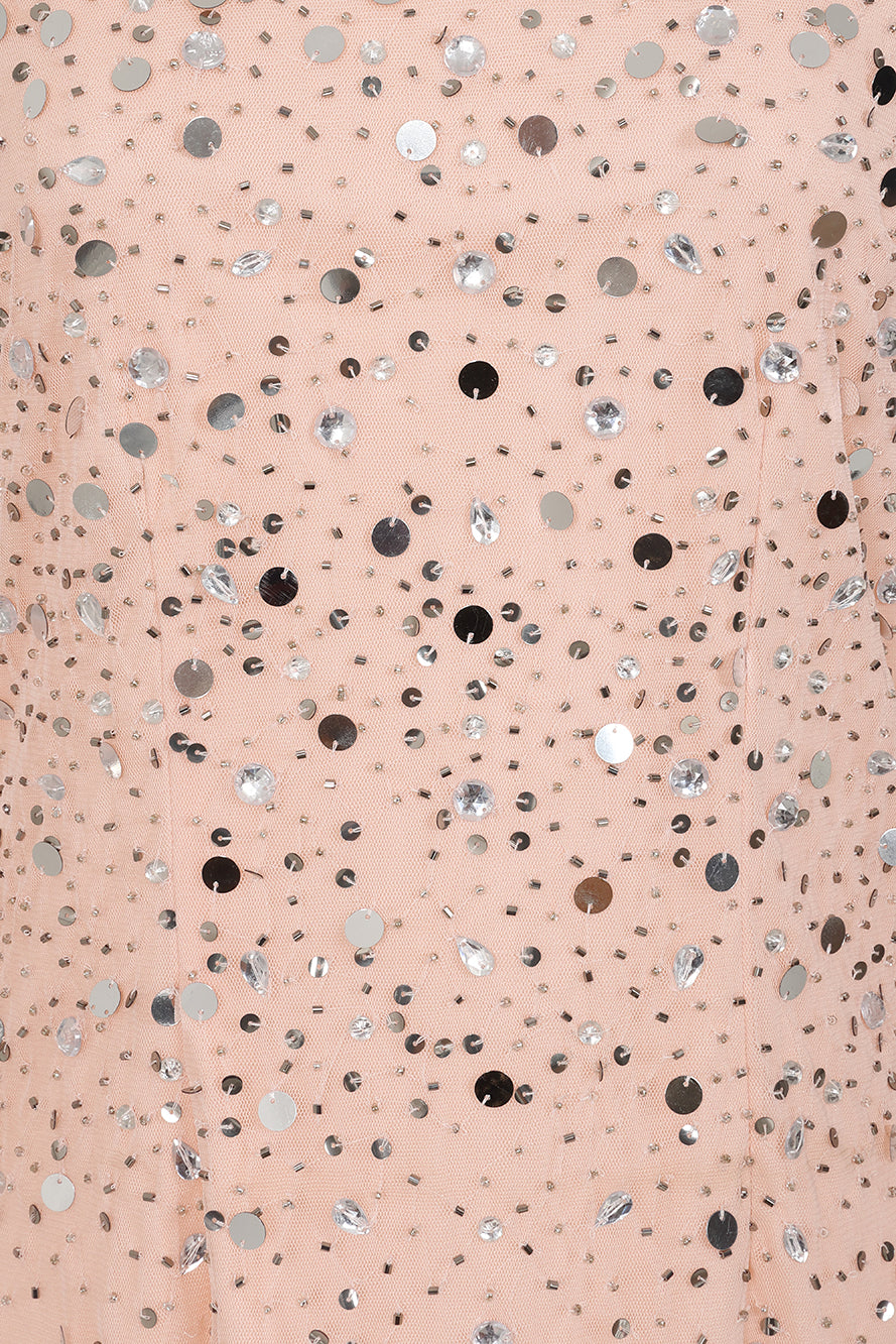 Leah blush sequin midi dress with high neckline, three-quarter sleeves and all-over sparkle designed for elegant evening and occasion wear styling
