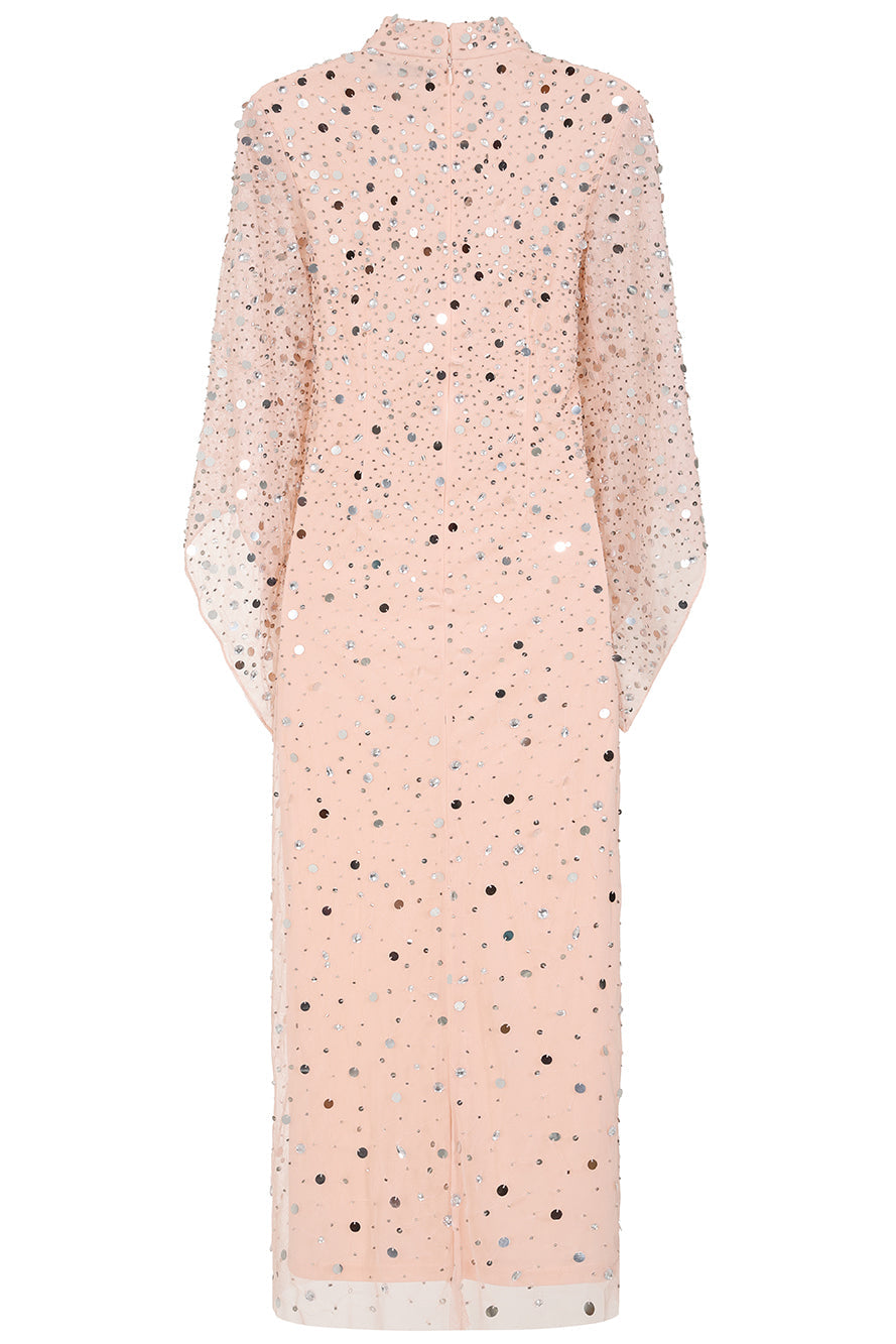 Leah blush sequin midi dress with high neckline, three-quarter sleeves and all-over sparkle designed for elegant evening and occasion wear styling