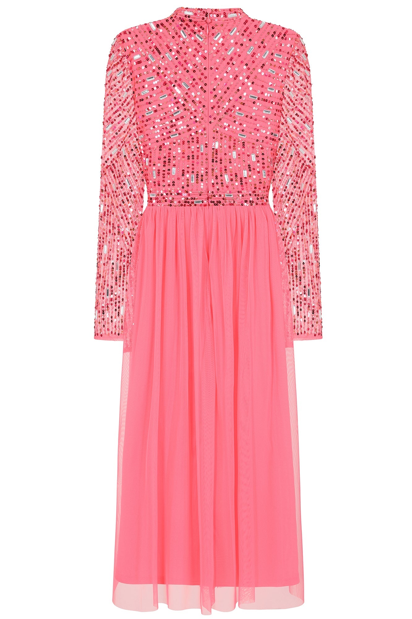 Lela strawberry embellished midi dress with sequin and bead bodice detailing, long sleeves and streamlined silhouette designed for elegant occasion wear styling