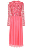 Lela strawberry embellished midi dress with sequin and bead bodice detailing, long sleeves and streamlined silhouette designed for elegant occasion wear styling