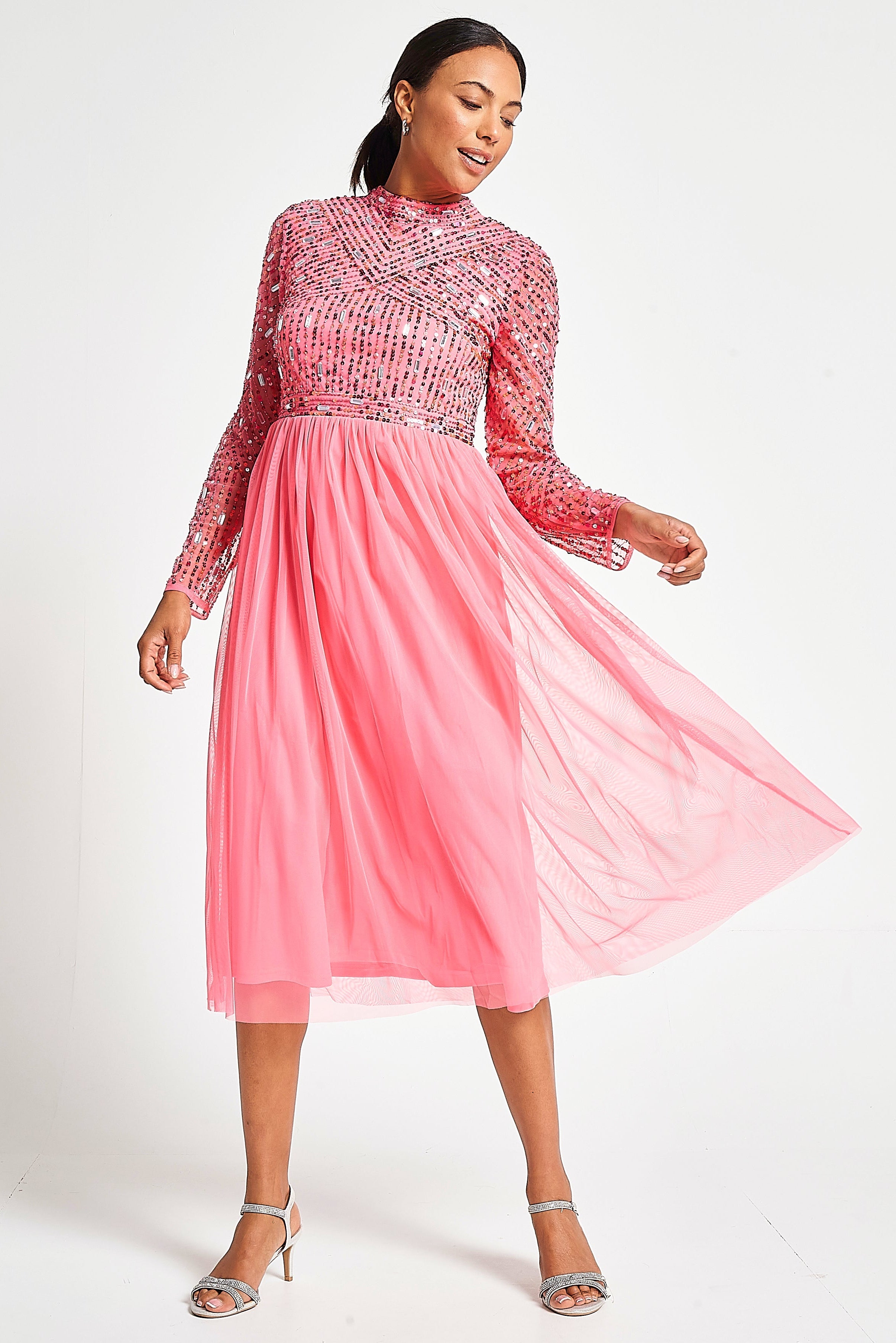 Lela strawberry embellished midi dress with sequin and bead bodice detailing, long sleeves and streamlined silhouette designed for elegant occasion wear styling