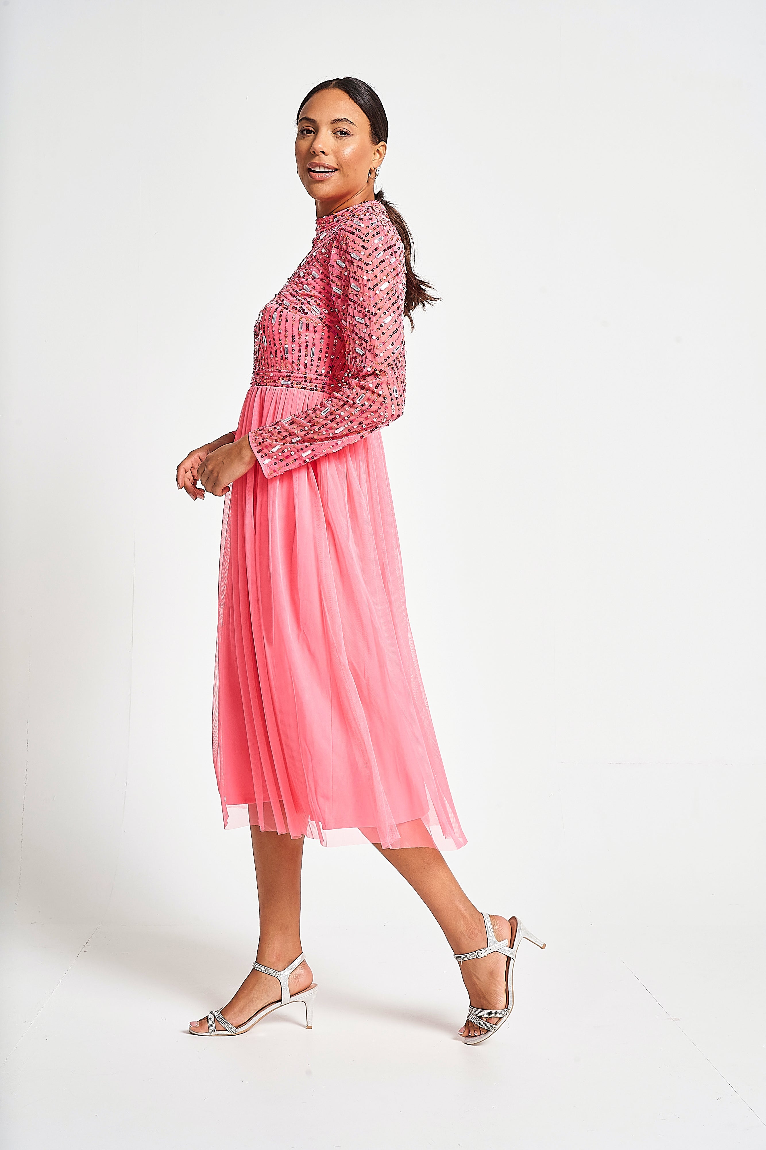 Lela Embellished Midi Dress - Strawberry Pink