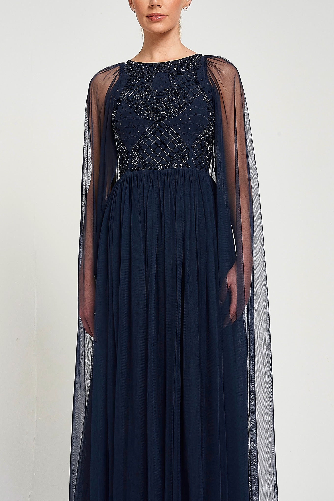 Leona long cape sleeve navy maxi dress with bead detailing