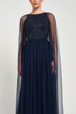 Leona long cape sleeve navy maxi dress with bead detailing