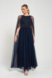 Leona long cape sleeve navy maxi dress with bead detailing