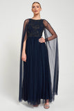 Leona long cape sleeve navy maxi dress with bead detailing