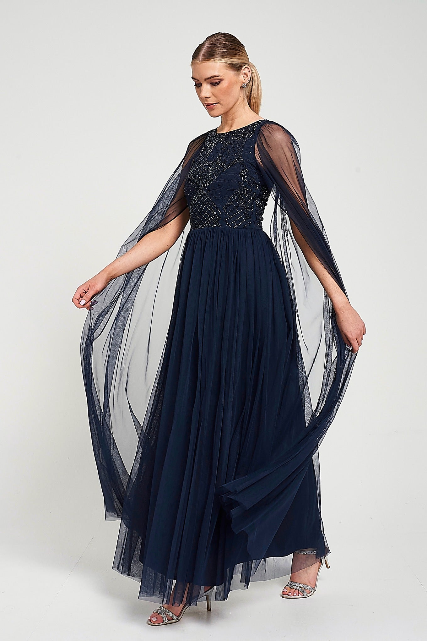 Leona long cape sleeve navy maxi dress with bead detailing
