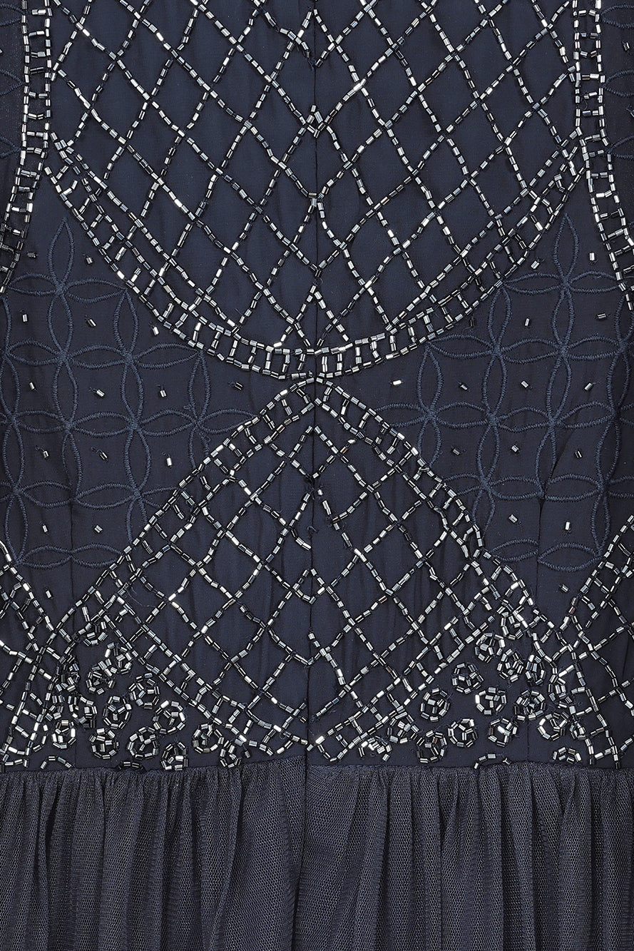 Leona long cape sleeve navy maxi dress with bead detailing