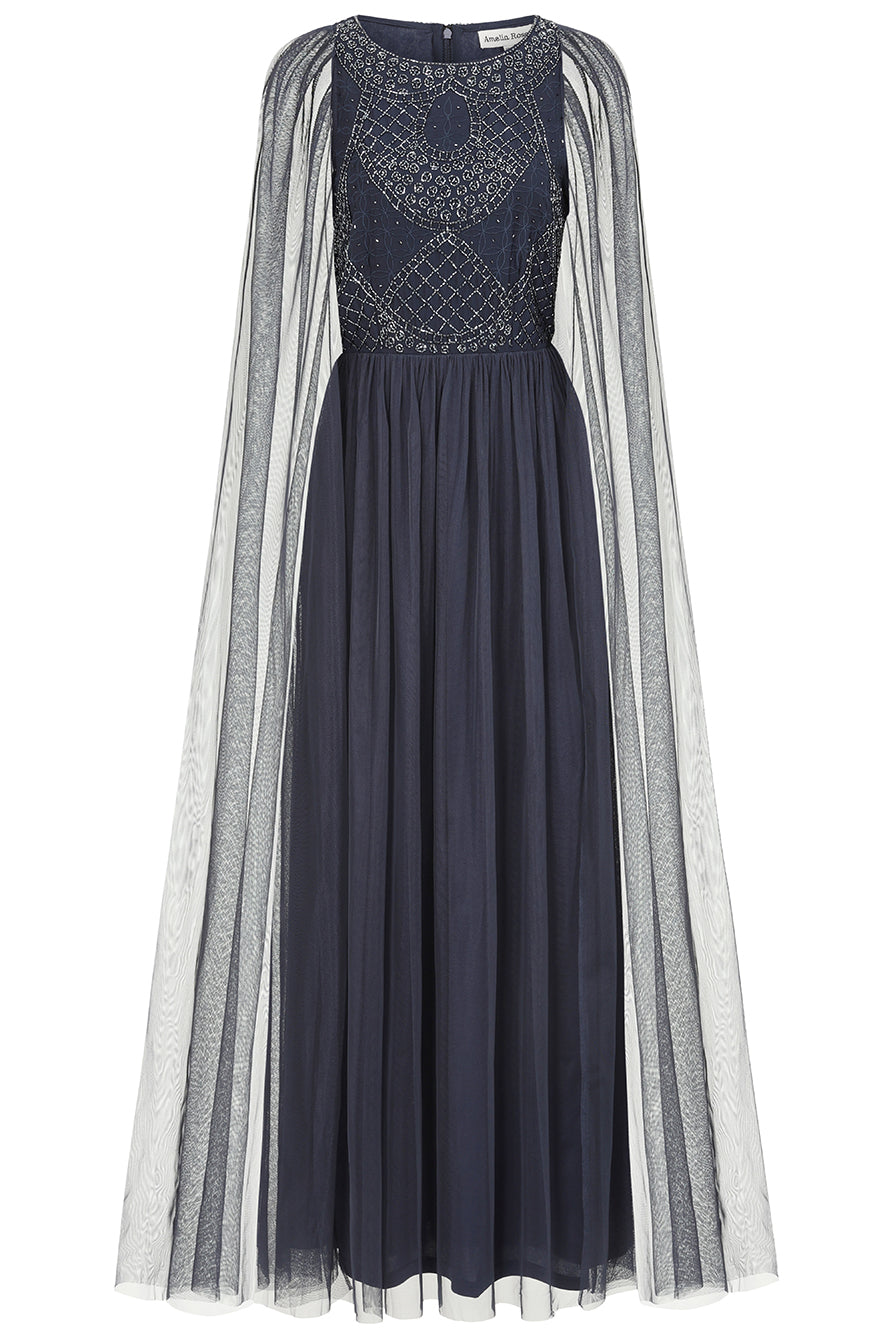 Leona long cape sleeve navy maxi dress with bead detailing