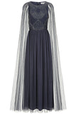Leona long cape sleeve navy maxi dress with bead detailing