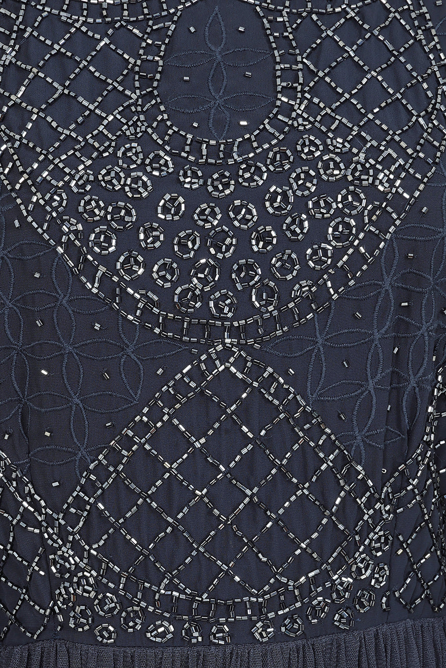 Leona long cape sleeve navy maxi dress with bead detailing