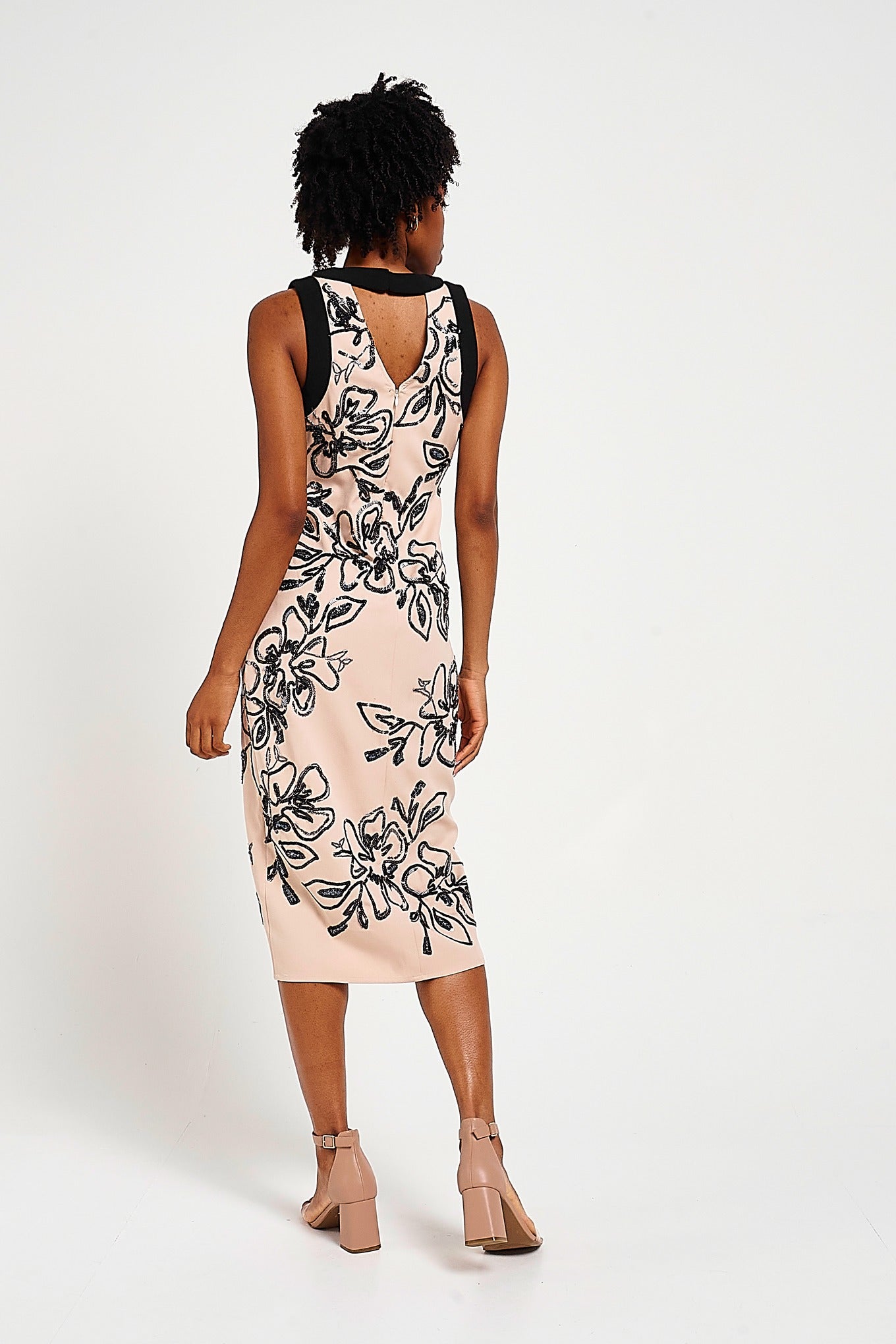 Lexi Nude and Black Floral Sequin Midi Dress