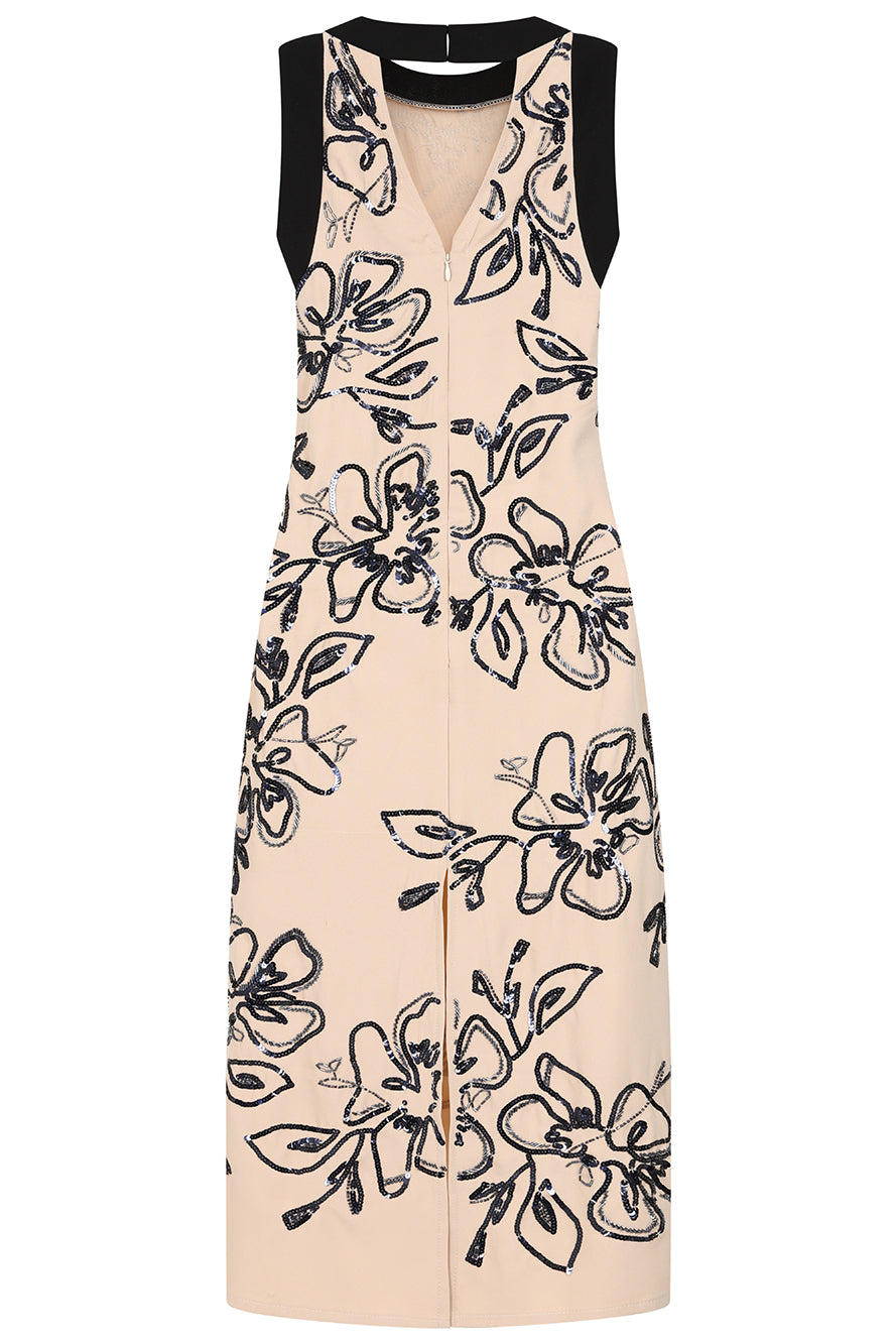 Lexi Nude and Black Floral Sequin Midi Dress