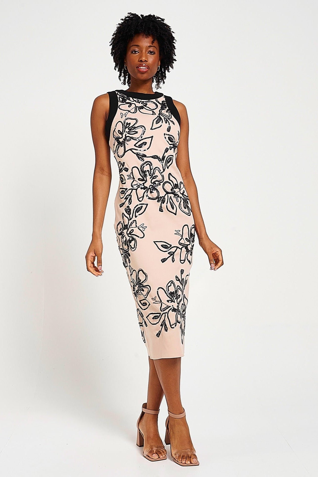 Lexi Nude and Black Floral Sequin Midi Dress