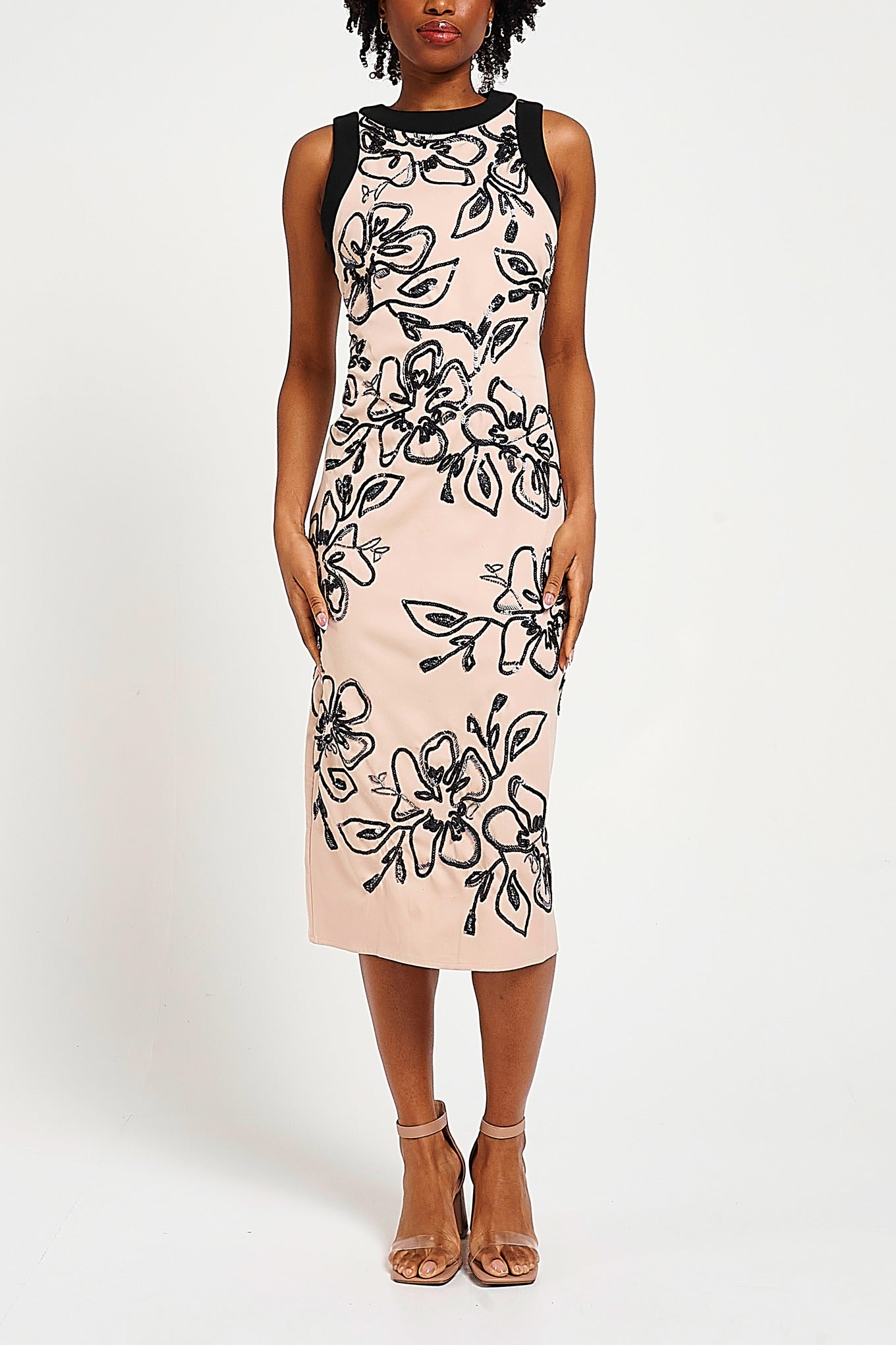 Lexi Nude and Black Floral Sequin Midi Dress