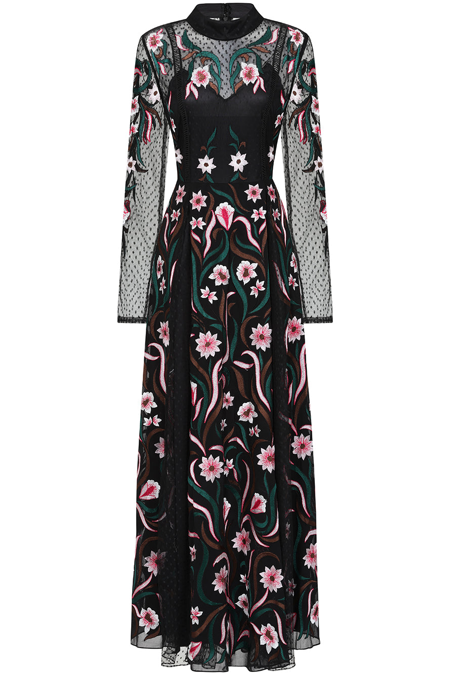 Liana Black Floral Embroidered Maxi Dress
