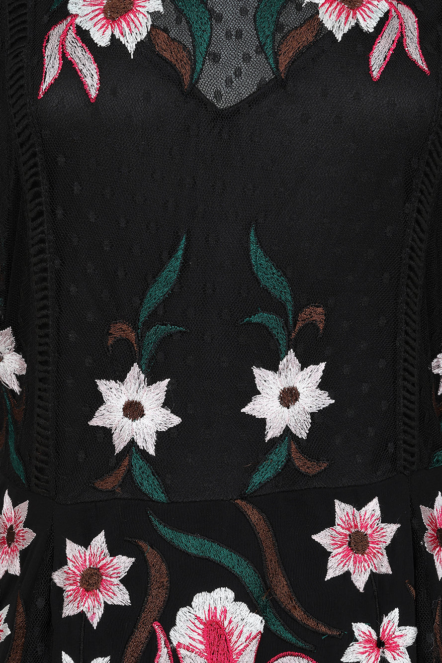 Liana Black Floral Embroidered Maxi Dress