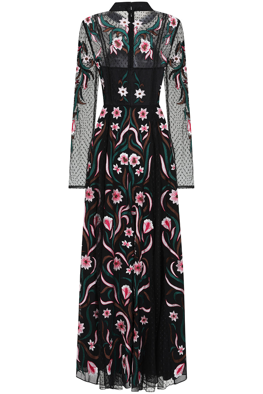 Liana Black Floral Embroidered Maxi Dress