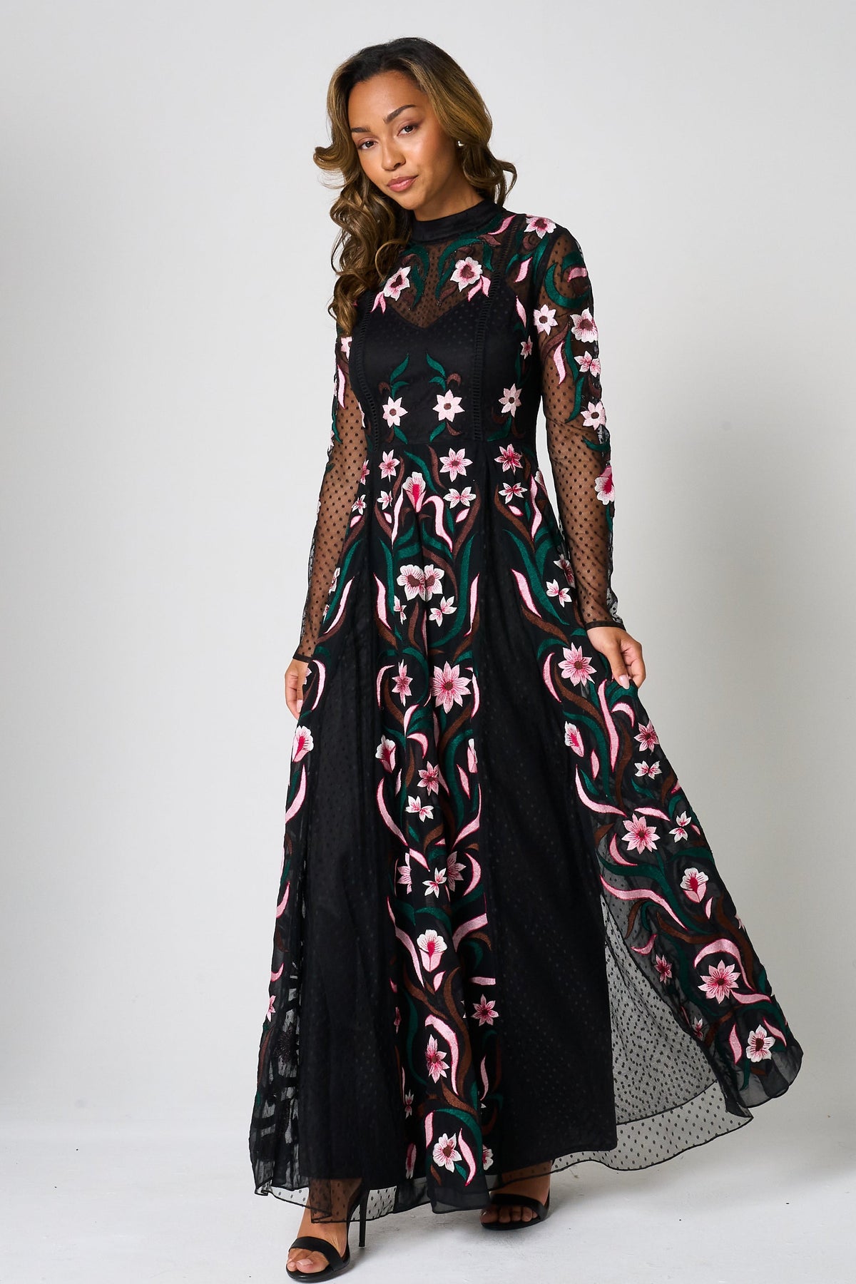 Liana Black Floral Embroidered Maxi Dress