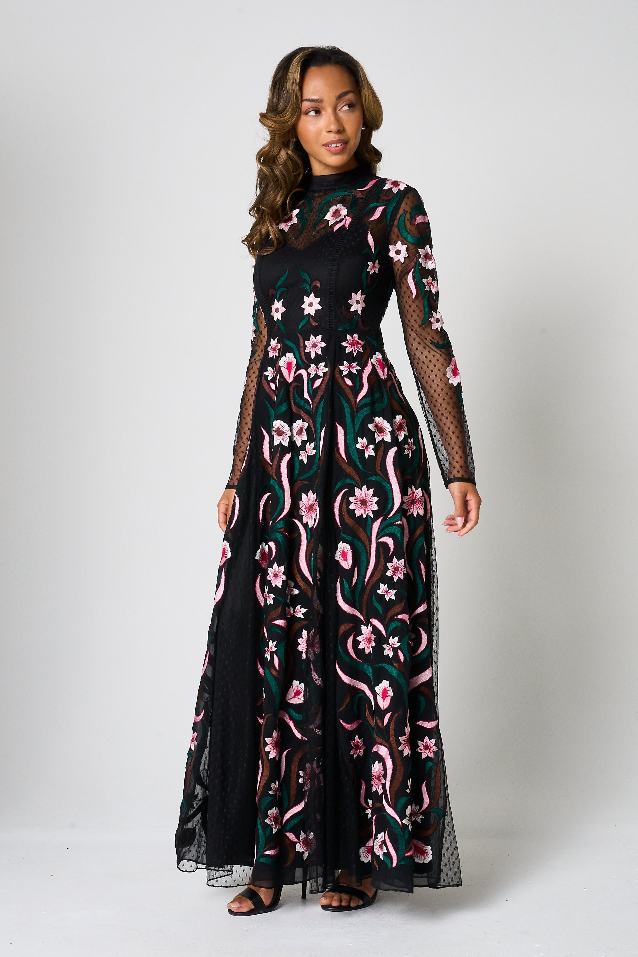 Liana Black Floral Embroidered Maxi Dress